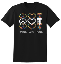 Load image into Gallery viewer, Peace. Love. Race. Adult Tee